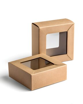 Two kraft cardboard packaging boxes with clear front window, product packaging mockup isolated on white background