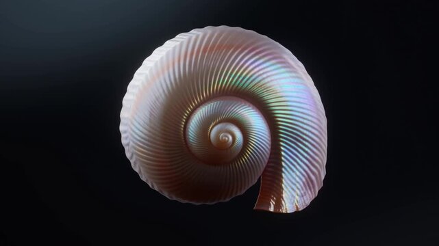 Nautilus shell displayed against dark background with spiral ridges and soft light