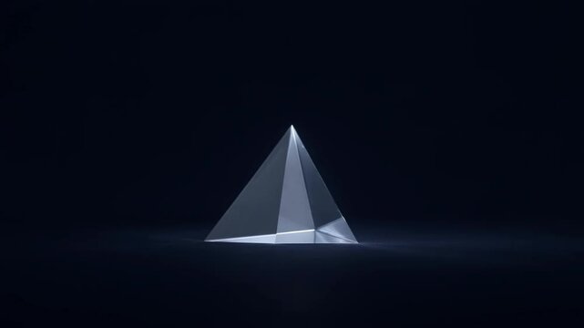 Transparent glass pyramid standing on dark surface with bright light reflections