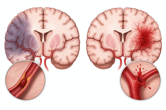 Brain stroke comparison showing clot and vessel rupture