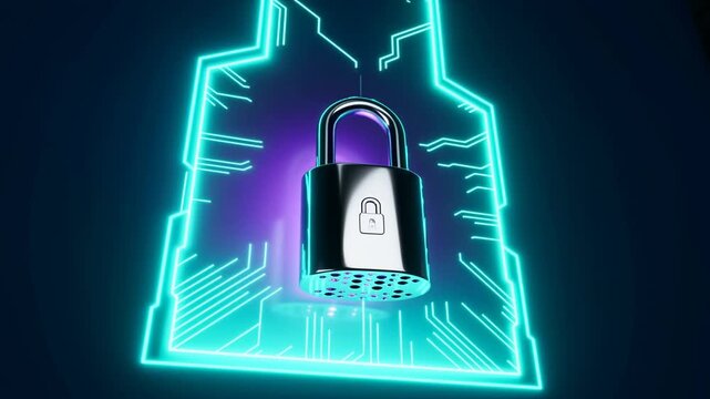 Black padlock displayed in glowing neon security frame with purple and blue light