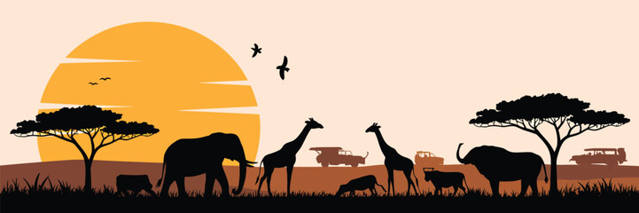 Fototapeta premium Savanna Landscape Africa Vector Silhouette, Tropical African Grassland with Acacia Trees, Scenic Wilderness, Safari Adventure, Nature Background and Landscape Design