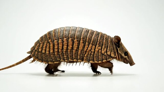 Armadillo walking on white background, animal wildlife, creature showing protective armored shell, isolated studio shot