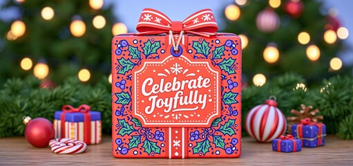 Naklejka premium A brightly wrapped holiday gift box with a joyful tag, framed by festive decorations and glowing lights.