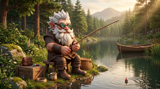 3D fantasy illustration of a dwarf fishing by a serene lake in a lush forest representing peaceful nature and leisure