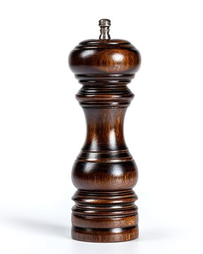Wooden pepper mill grinder classic design, kitchen accessory isolated on white background