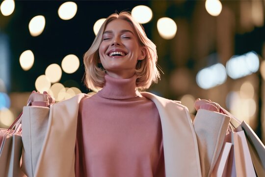 A young blondie after Christmas shopping with a lot of bags. Happy and satisfied. Buying gifts. On sale. Christmas decoration and Christmas lights behind her
