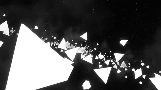 Abstract black and white animated geometric triangles with scattered particles and a starry background.