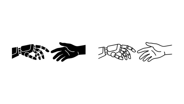 Human and Robot Hand Connection: A symbolic representation of connection between a human hand and a robot hand reaching out to each other, signifying technology and humanity's future.