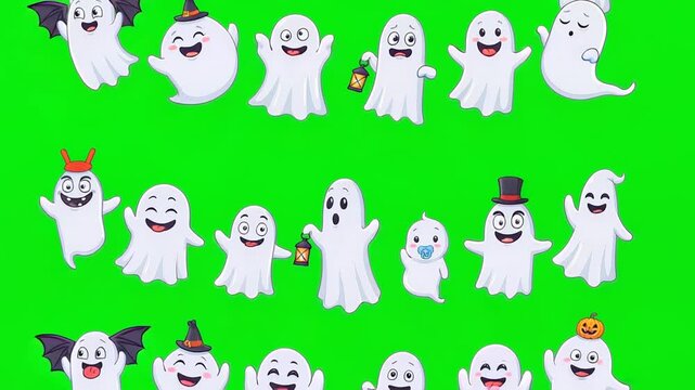 Cute Ghost Characters Halloween Animation on Green Screen