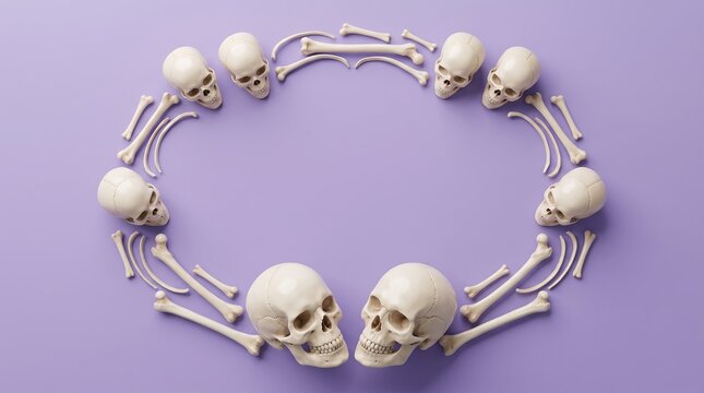 Circular frame made of human skulls and bones arranged on a light purple background art.