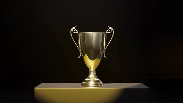 Silver trophy displayed on a pedestal against a dark background in still studio scene