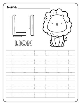 Educational alphabet tracing and coloring worksheet for preschool kids, featuring cute animals
