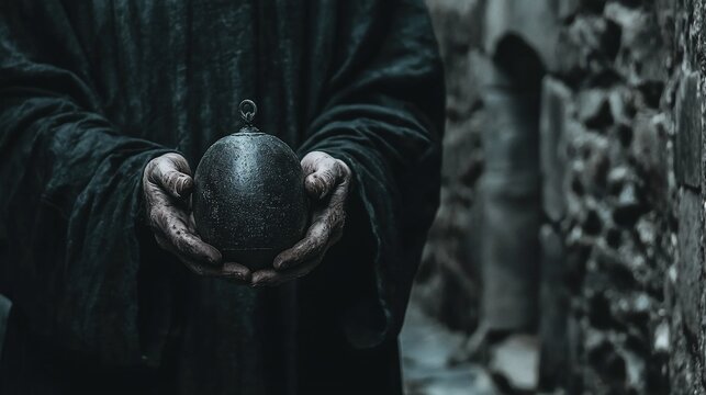 Pessoa vestindo uma t&uacute;nica escura, segurando um objeto escuro e arredondado.