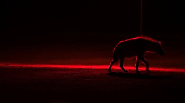 Wild boar standing in red light on dark ground outdoors at night in silhouette