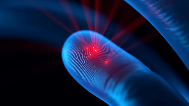 Fingerprint illuminated by red laser beams on a glowing blue fingertip in darkness