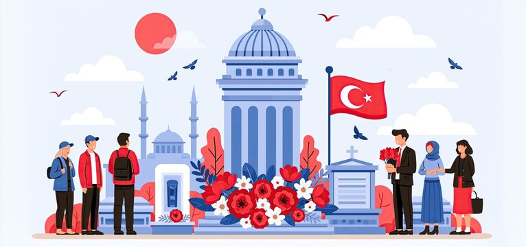 A respectful scene depicting Turkey's national remembrance day with symbolic visuals honoring a historic leader.