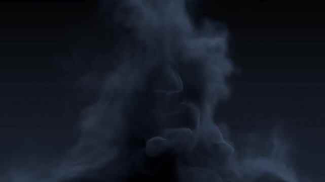 Ghostly skulllike face appears through swirling blue smoke in a dark setting