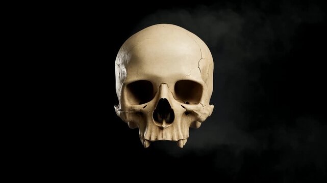 Cracked Human Skull Surrounded by Thick Smoke Against a Dark Black Background