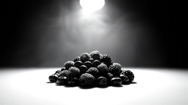 Black and white still life of assorted berries under a single light source with a foggy background