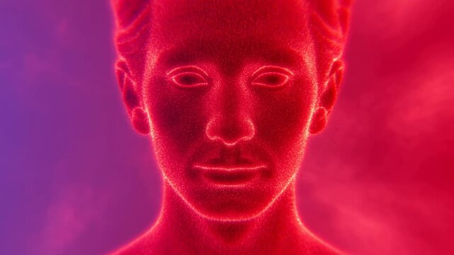 Human Face Dissolves Into Glowing Particles Against Vivid Red and Purple Background