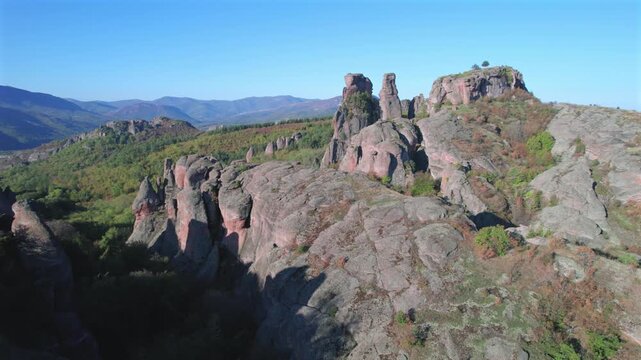 Beautiful aerial footage showing the stunning Belogradchik Rocks in Bulgaria. Amazing group of sandstone and conglomerate rock formations
