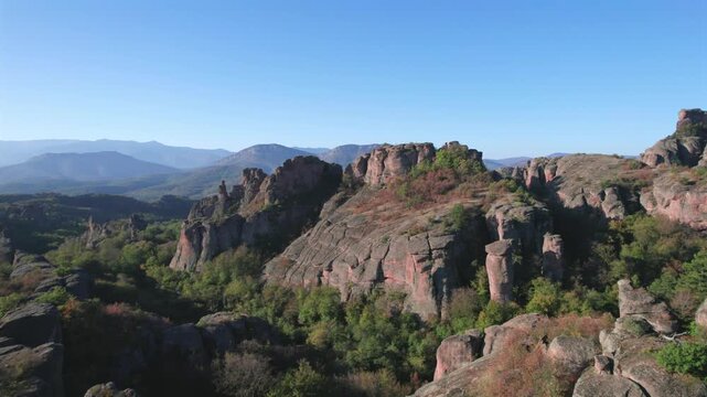 Beautiful panoramic aerial shot of the Belogradchik Rocks, a unique natural landmark in the Balkan Mountains, Bulgaria, on a sunny day
