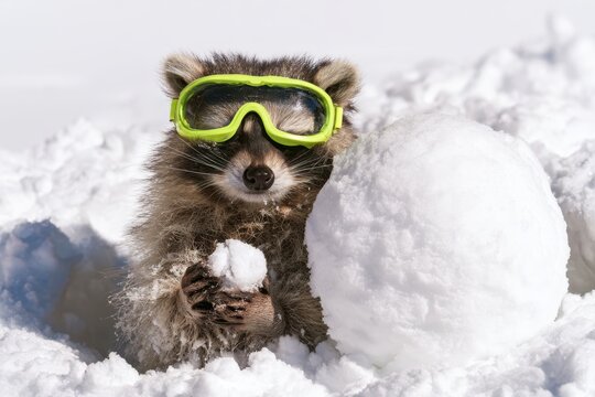 Funny fluffy raccoon wearing ski goggles holding large snowball outdoors. Humorous cute wild animal character enjoying winter sports on resort field, creative travel vacation lifestyle concept ad.
