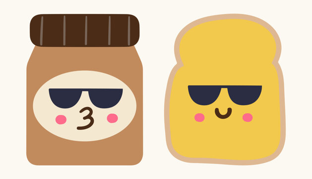 cute peanut butter jar and toasted bread slice character in sunglasses flat vector illustration happy autumn food mascot pair cafe isolated design