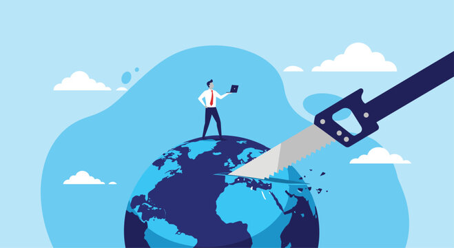 Businessman standing on top of the world while a giant hand with a saw begins to cut through the globe for division.