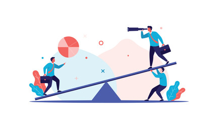Fototapeta premium Business team balancing on a large seesaw using a telescope and a pie chart to find financial stability and market vision.