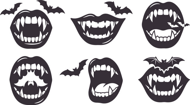Vampire mouths with fangs and bats black silhouette illustration