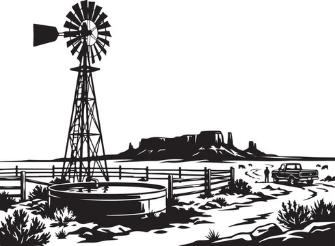 Vintage desert windmill landscape vector, rustic western ranch scene with water tank, southwest mesa and pickup truck illustration