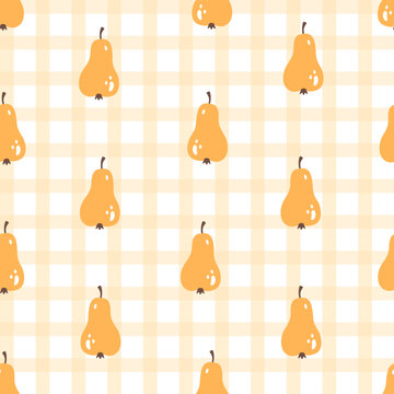 Seamless pattern with hand drawn yellow pears on gingham. Autumn harvest theme wallpaper. Repeat background with fall fruits. Food or kitchen theme. Vector illustration in flat style.