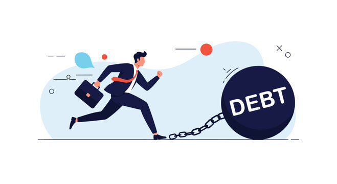 Struggling businessman running hard while being chained to a massive heavy iron ball labeled with the word debt.