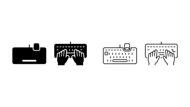 Typing Icons: A collection of stylized icons depicting hands typing on a computer keyboard, representing input, data entry, and digital communication.