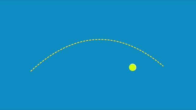 Animated ball following a parabolic arc path on blue animation 4k background