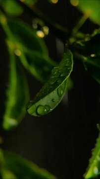 Fast falling rain streak passing a bumpy dark green citrus leaf Vertical Video 24fps