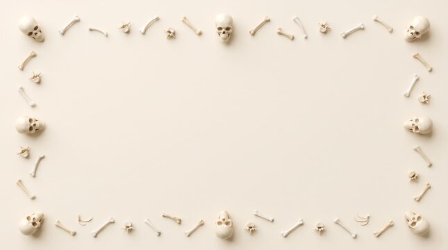 Intricate frame composed of small human skulls and vertebrae on off white plain background.