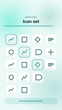 Business icon grid popping in wave, teal flat design vertical 9:16 seamless loop HD motion graphic background