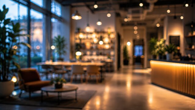Blurred interior of a contemporary coffee shop or office lounge area. Warm ambient lighting illuminates the seating area with soft bokeh effects and a modern bar counter.