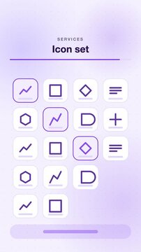 Business icon grid popping in wave, violet flat design vertical 9:16 seamless loop HD motion graphic background