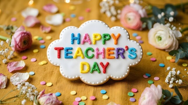 Cloud shaped cookie with happy teacher's day icing, colorful confetti and flowers on wooden background, sweet treat
