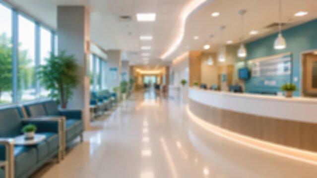 Blurred hospital reception area featuring a curved front desk and waiting room seating. Soft ambient lighting illuminates the clean hallway corridor in a professional facility.