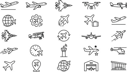 Fototapeta premium Aviation and aircraft thin outline icon set featuring military jets commercial planes drones and airport logistics symbols vector
