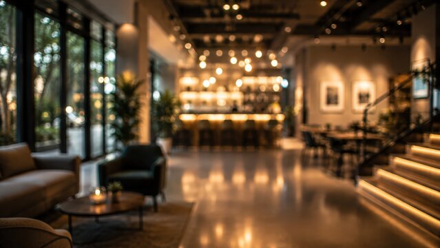 Blurred interior of a contemporary lounge area featuring a bar counter and seating arrangements. Warm ambient lighting creates a soft atmosphere in this spacious commercial venue.