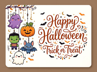 Fototapeta premium Happy Halloween Greeting Card with Cute Characters and Festive Lettering