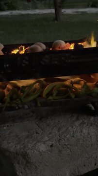 Vertical Footage of Roaring Barbecue Flames and Glowing Embers Being Fanned