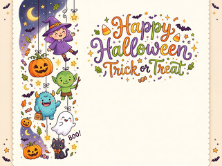 Fototapeta premium Cute Halloween Greeting Card with Little Witch, Monsters and Ghost Characters
