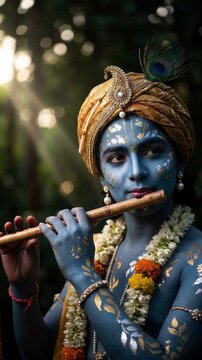 Hindu deity incarnation: Lord Krishna, play flute, divine Gopala, sacred Govinda, peaceful Keshava, glorious Shyam, serene Mukunda, revere Hari, adore Damodara.